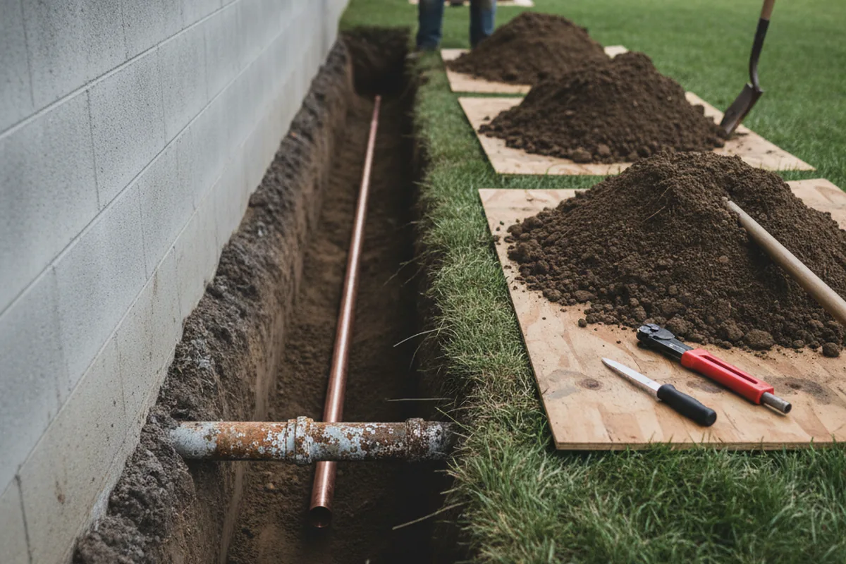 Excavated water line trench during Water Heater Repair in Linkwood